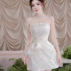 ชุดเดรส เกาะอก กระโปรงแต่งโบว์ สีขาว Brand HISO 2346 BKK Size S
