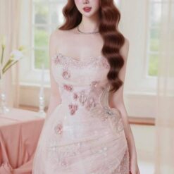 ชุดเดรส เกาะอก สีชมพู แต่งดอก+แต่งมุก  Brand HISO 2343 BKK SizeM