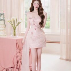 ชุดเดรส เกาะอก สีชมพู แต่งดอก+แต่งมุก  Brand HISO 2343 BKK SizeM