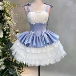 ชุดเดรส สายเดี๋ยว แต่งโบว์ สีฟ้า 2348 SIZE S-M