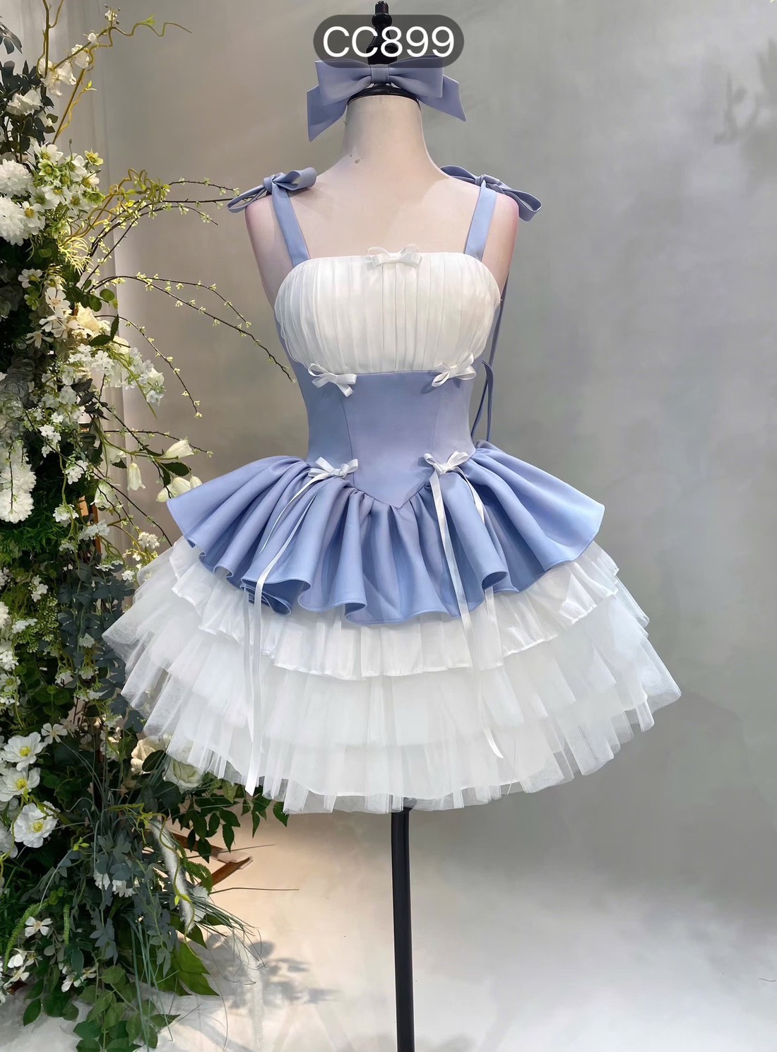 ชุดเดรส สายเดี๋ยว แต่งโบว์ สีฟ้า 2348 SIZE S-M - Image 3