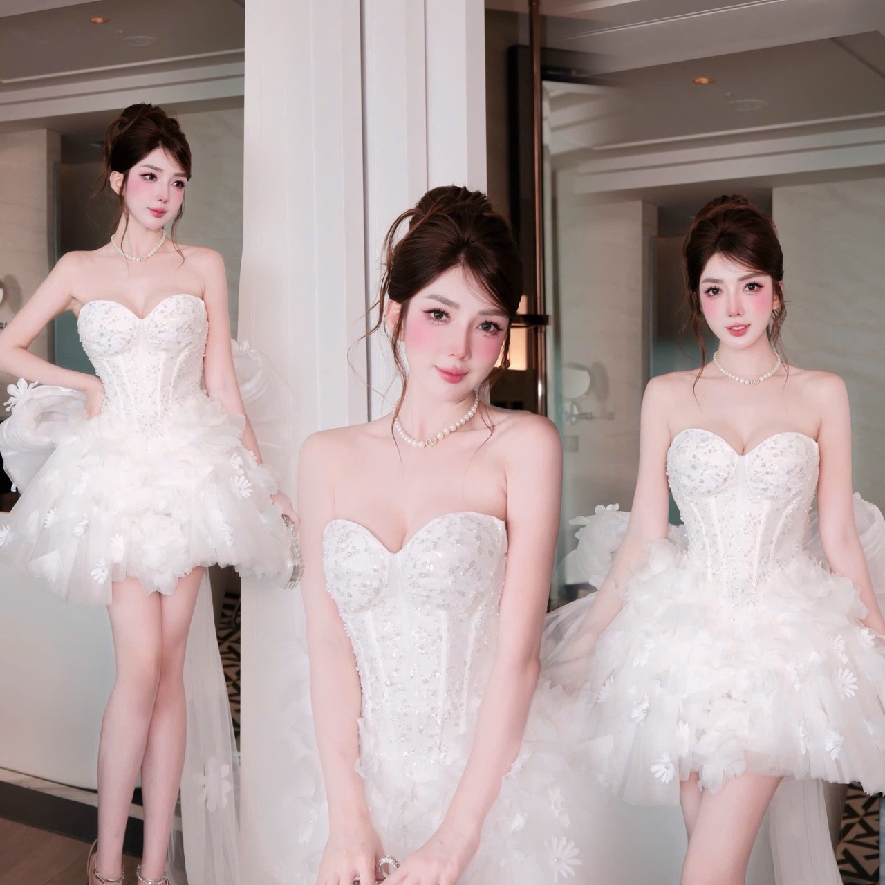 ชุดเดรส เกาะอก สีขาว แต่งมุก BRAND HISO 2340 BKK Size M