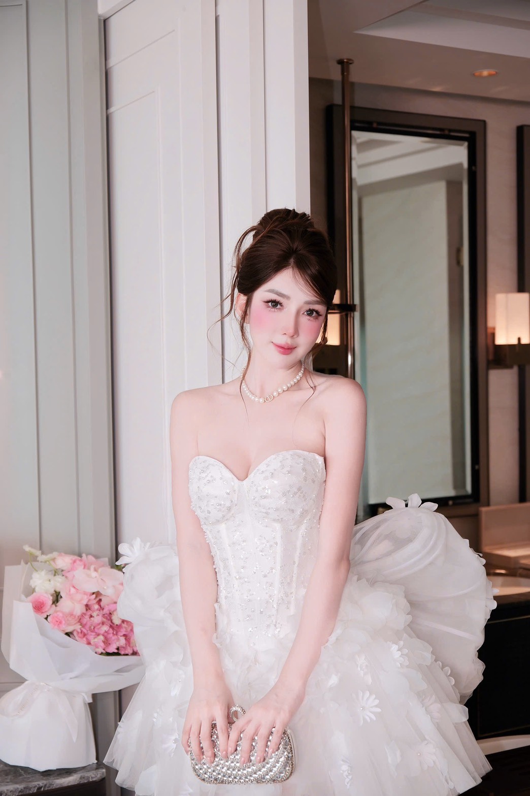 ชุดเดรส เกาะอก สีขาว แต่งมุก BRAND HISO 2340 BKK Size M - Image 5