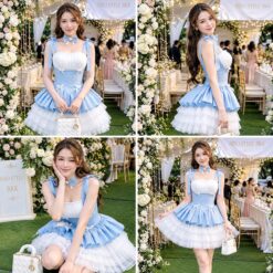 ชุดเดรส สายเดี๋ยว แต่งโบว์ สีฟ้า 2348 SIZE S-M