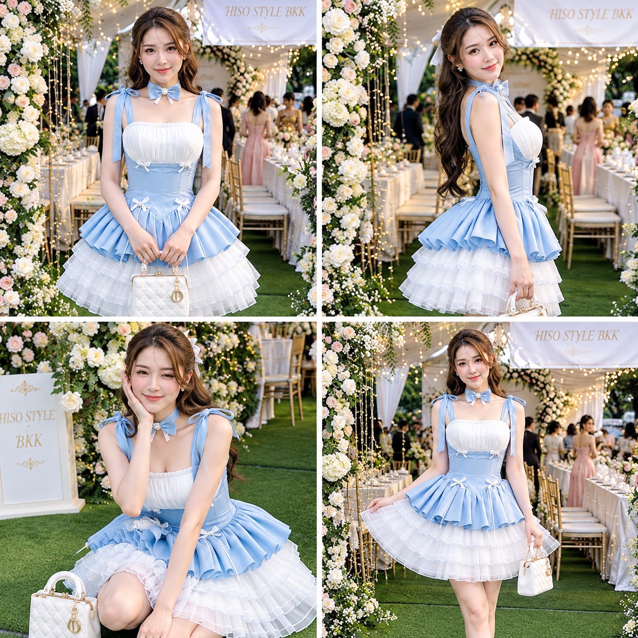 ชุดเดรส สายเดี๋ยว แต่งโบว์ สีฟ้า 2348 SIZE S-M - Image 2