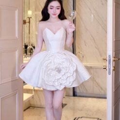 ชุดเดรส เกาะอก กระโปรงแต่งดอก สีขาว Brand HISO 2345 BKK Size S-M