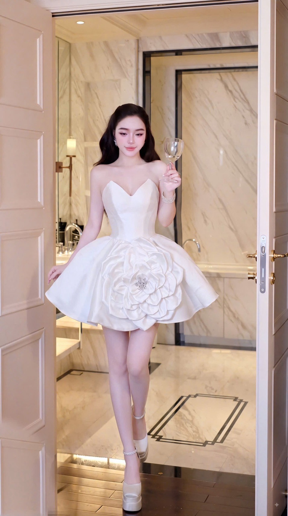 ชุดเดรส เกาะอก กระโปรงแต่งดอก สีขาว Brand HISO 2345 BKK Size S-M