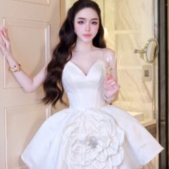 ชุดเดรส เกาะอก กระโปรงแต่งดอก สีขาว Brand HISO 2345 BKK Size S-M