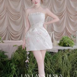 ชุดเดรส เกาะอก กระโปรงแต่งโบว์ สีขาว Brand HISO 2346 BKK Size S